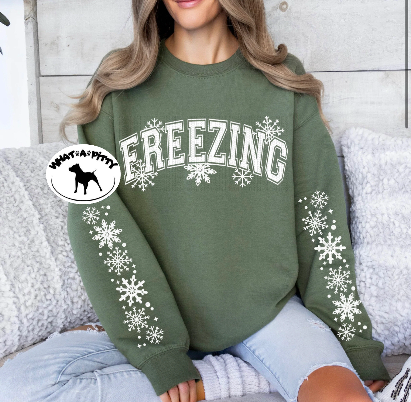 Freezing sweatshirt with snowflake sleeve designs