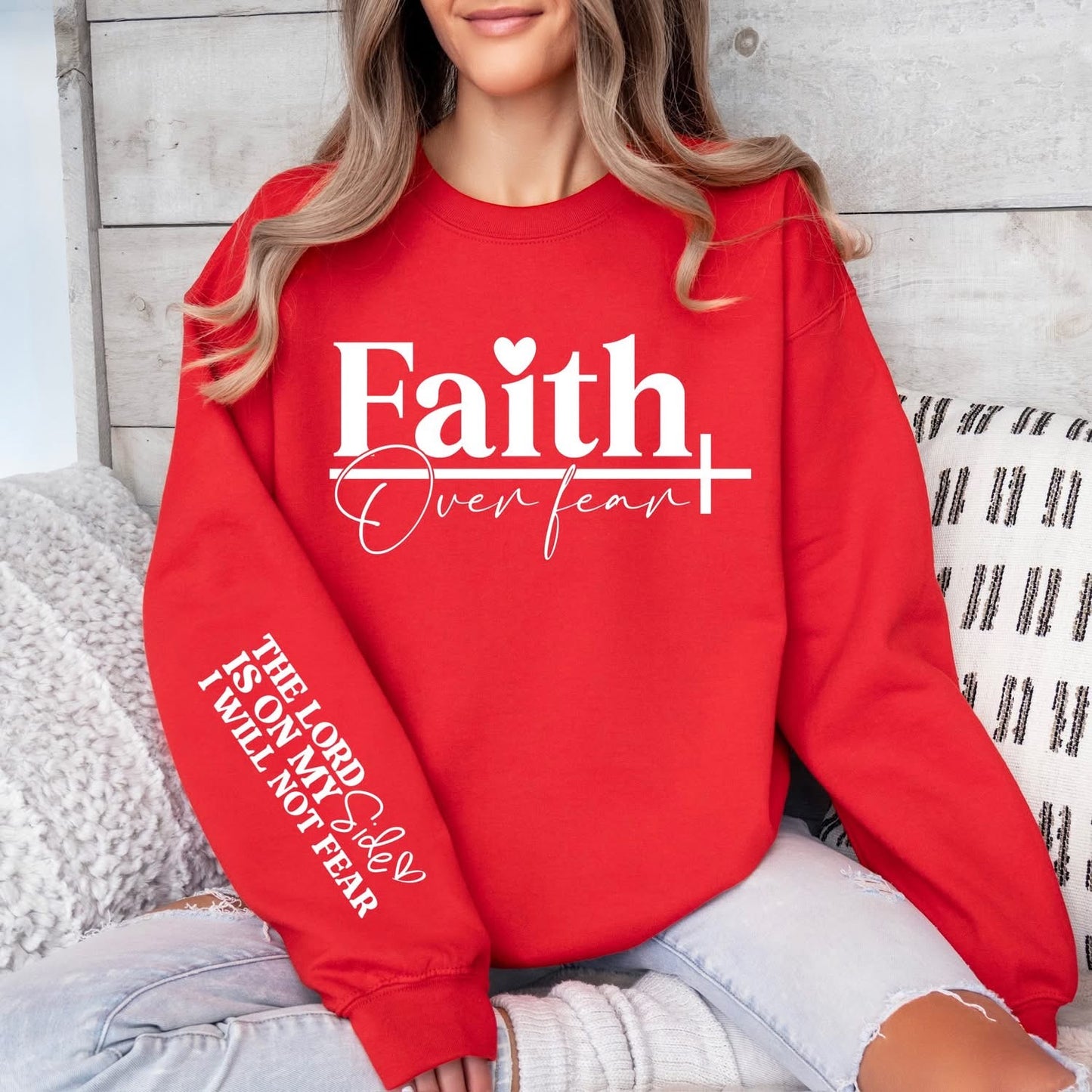 Faith Over Fear sweatshirt with sleeve designs
