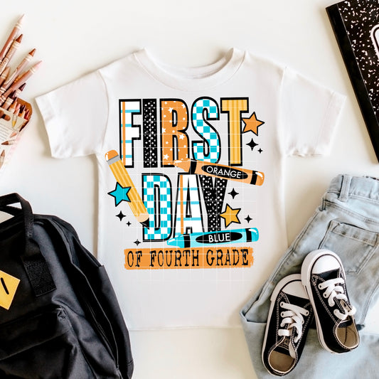 First Day of 4th GRADE blue checkered tee -YOUTH