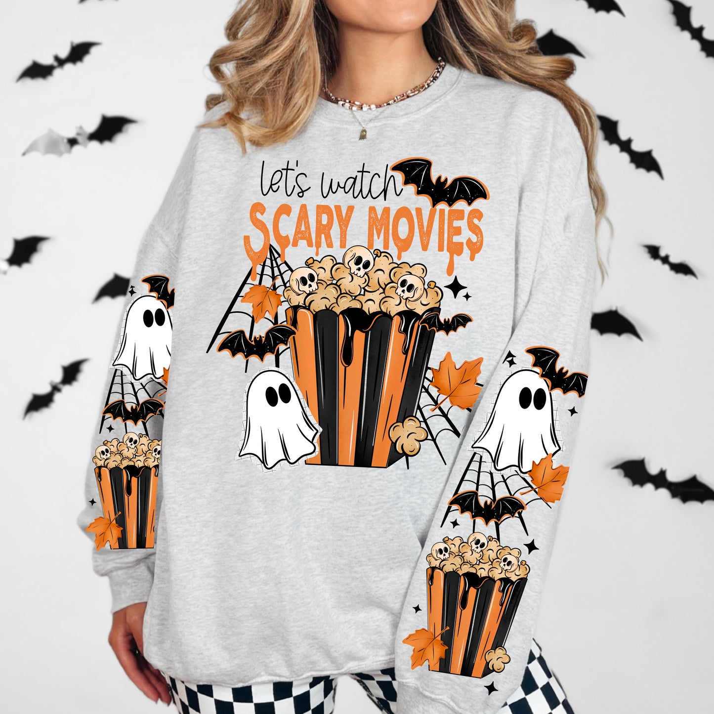 Let's Watch Scary Movies Popcorn sweatshirt with sleeve designs (Black Ink)