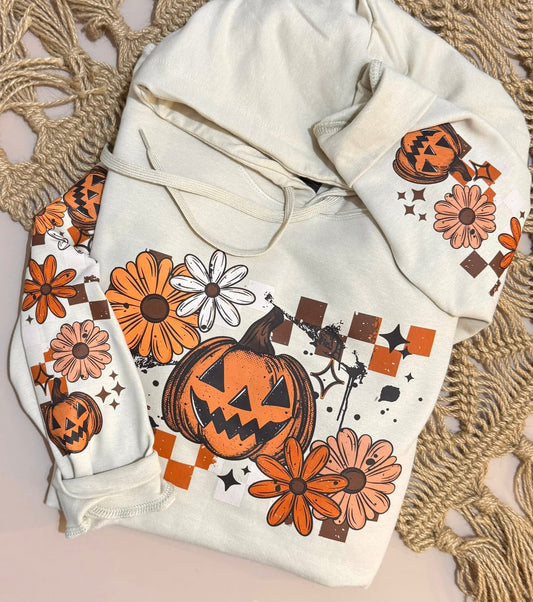 Fall Jack-o-lantern sweatsirt w/ sleeve designs