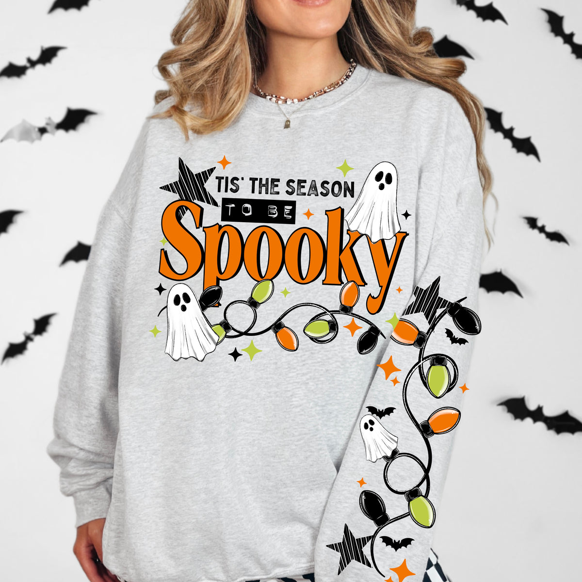 Spooky Season Lights sweatshirt with sleeve designs