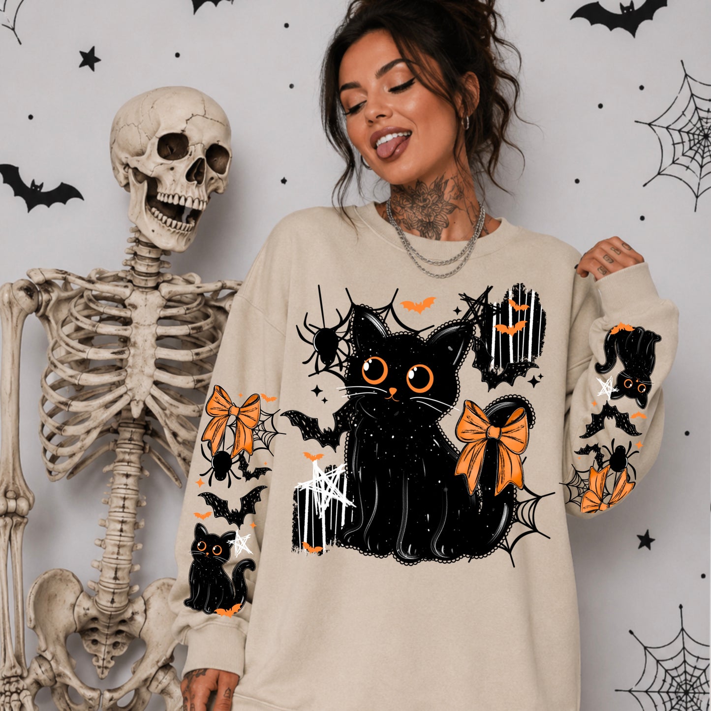Black Cat sweatshirt with sleeve designs