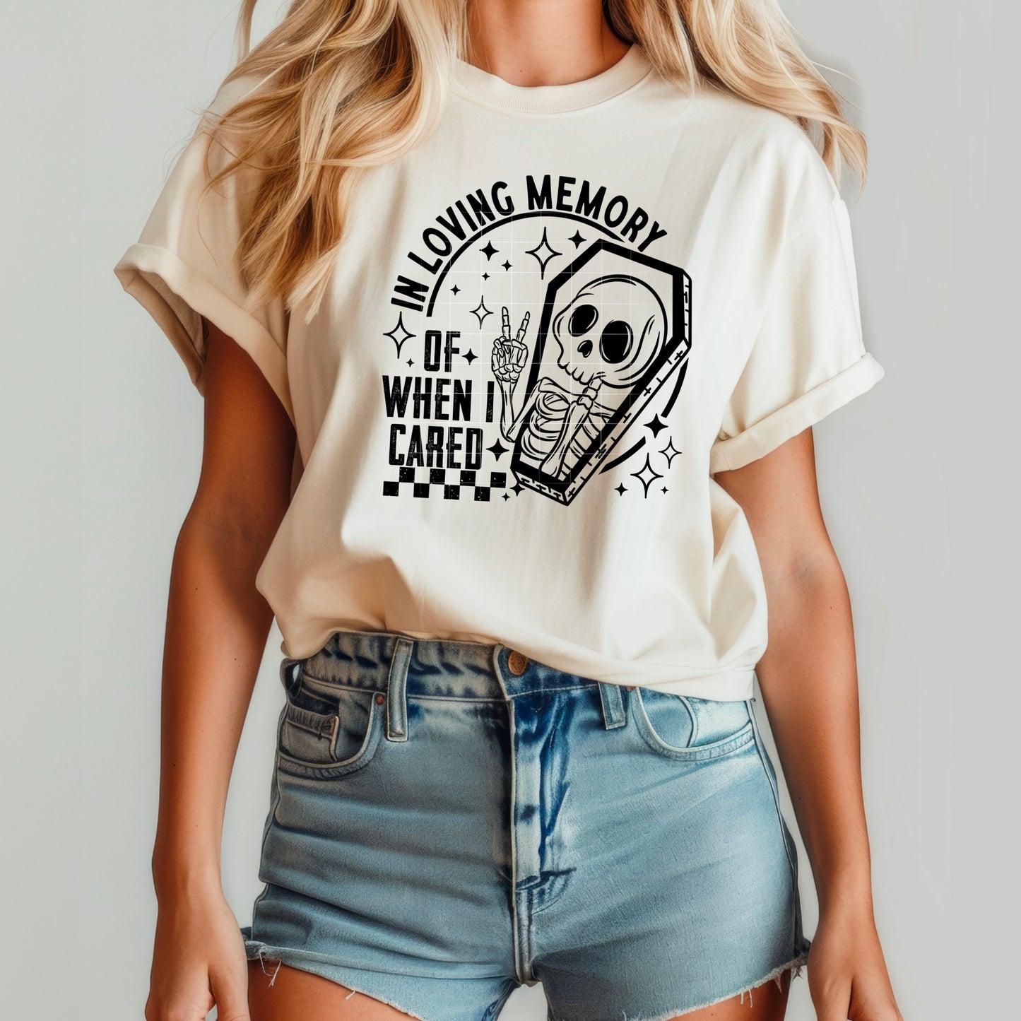 In loving memory of when I cared tee (Black ink)