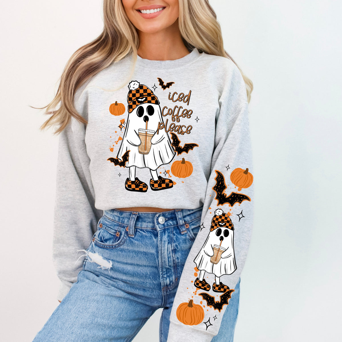Iced Coffee Please Ghostie sweatshirt with sleeve designs