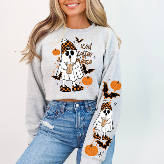 Iced Coffee Please Ghostie sweatshirt with sleeve designs