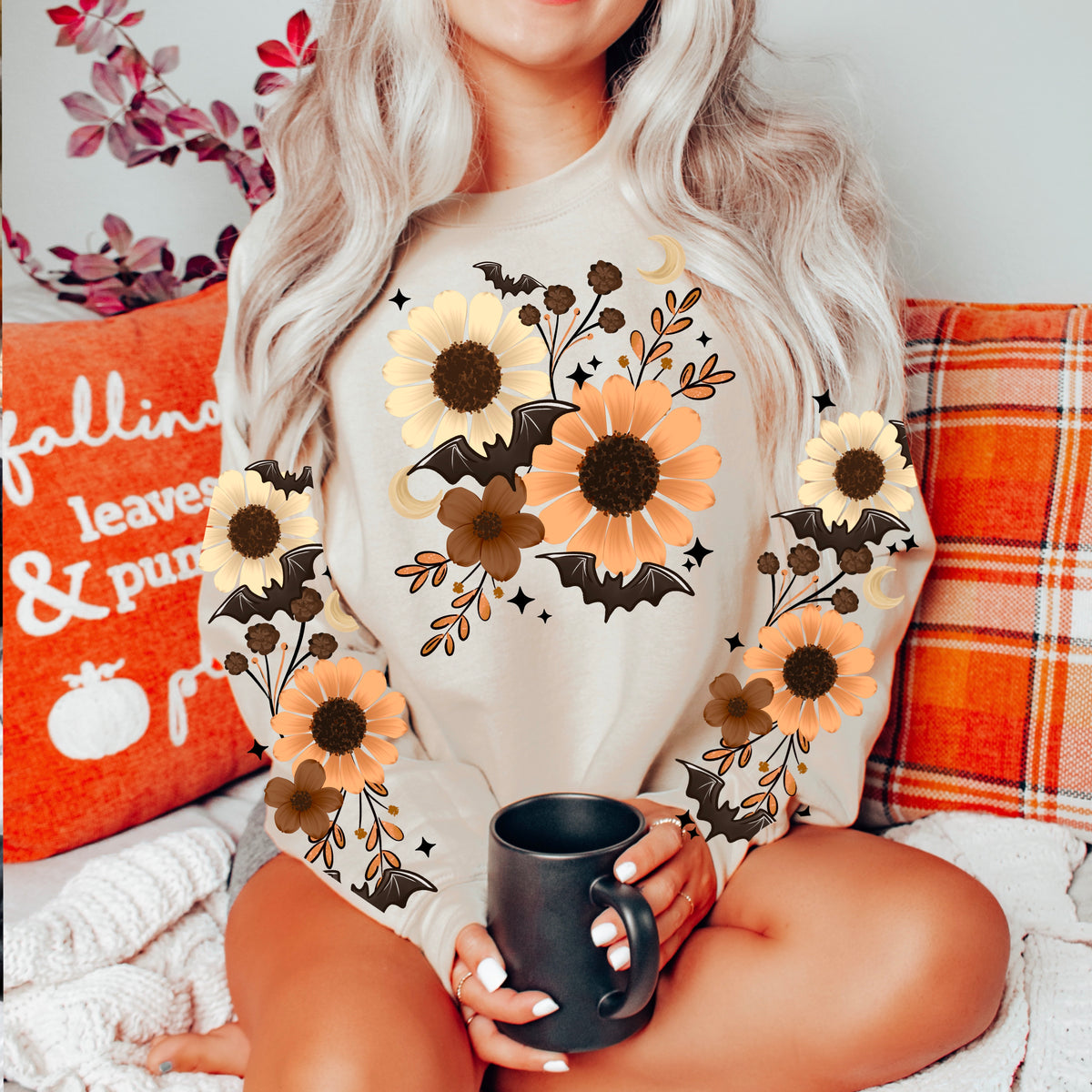 Orange Halloween Florals sweatshirt with sleeve designs