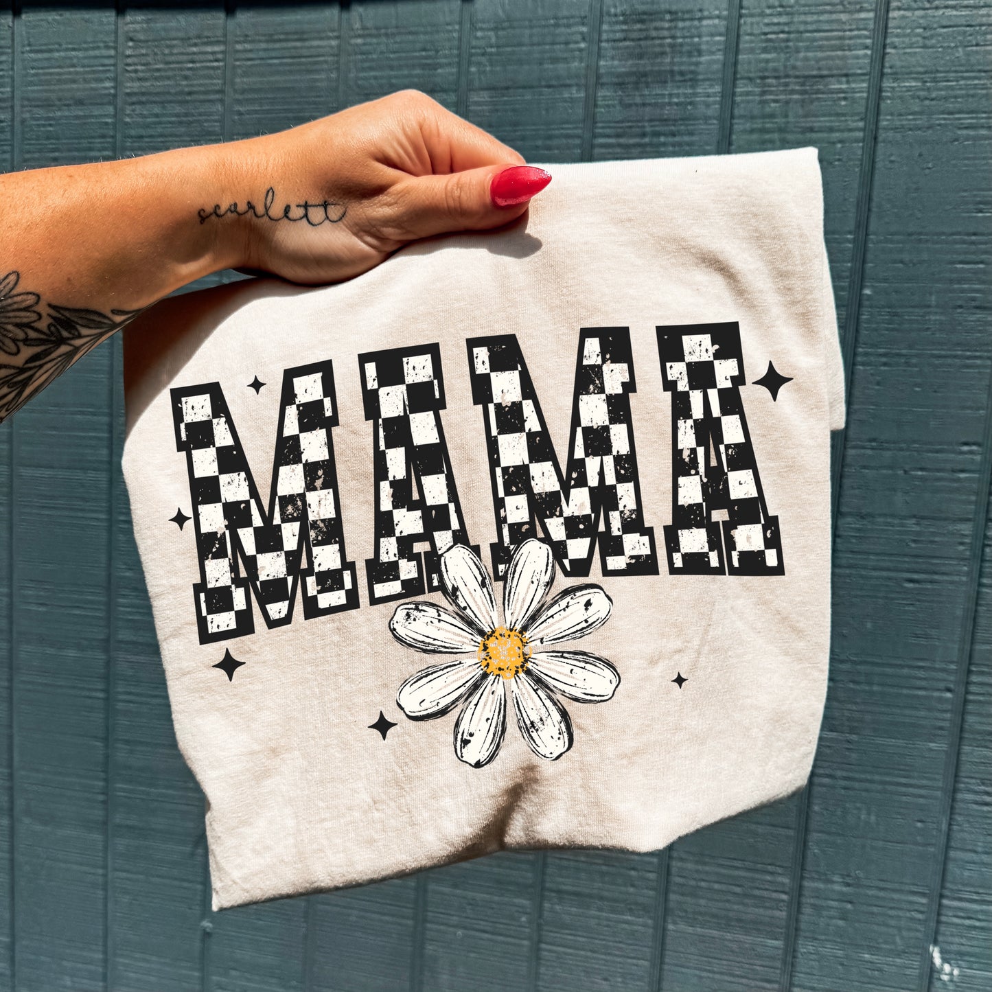 Checkered Mama with daisy tee