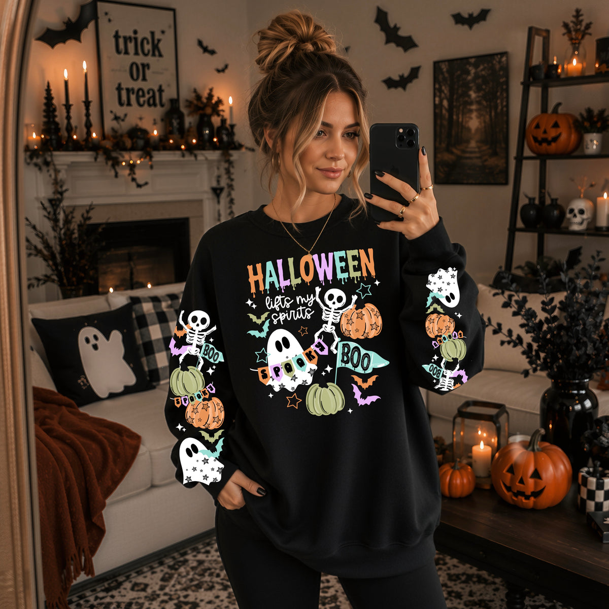 Halloween Lifts My Spirit sweatshirt with sleeve designs (White Ink)