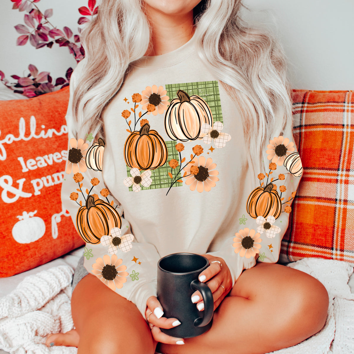 Pumpkins & Florals sweatshirt with sleeve designs