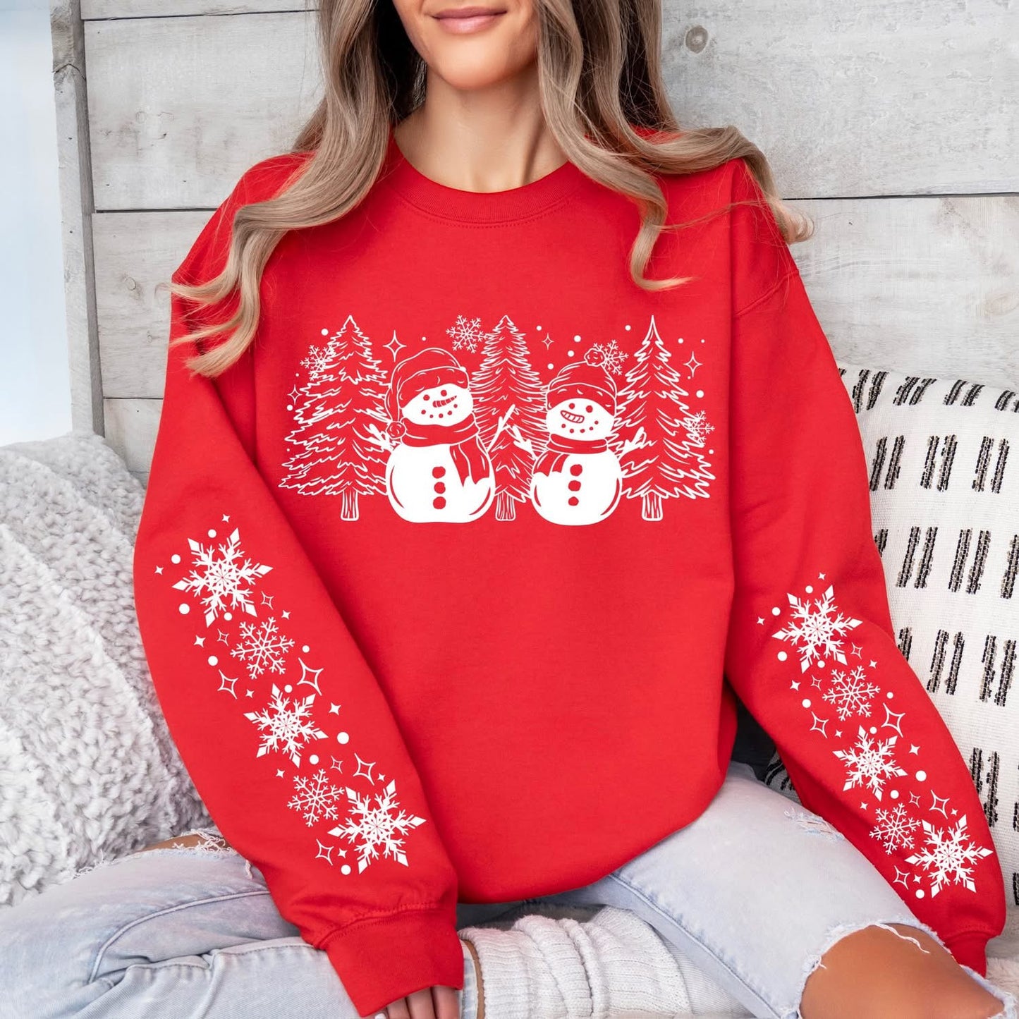 Snowman and trees sweatshirt with sleeve designs