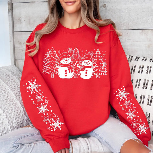 Snowman and trees sweatshirt with sleeve designs
