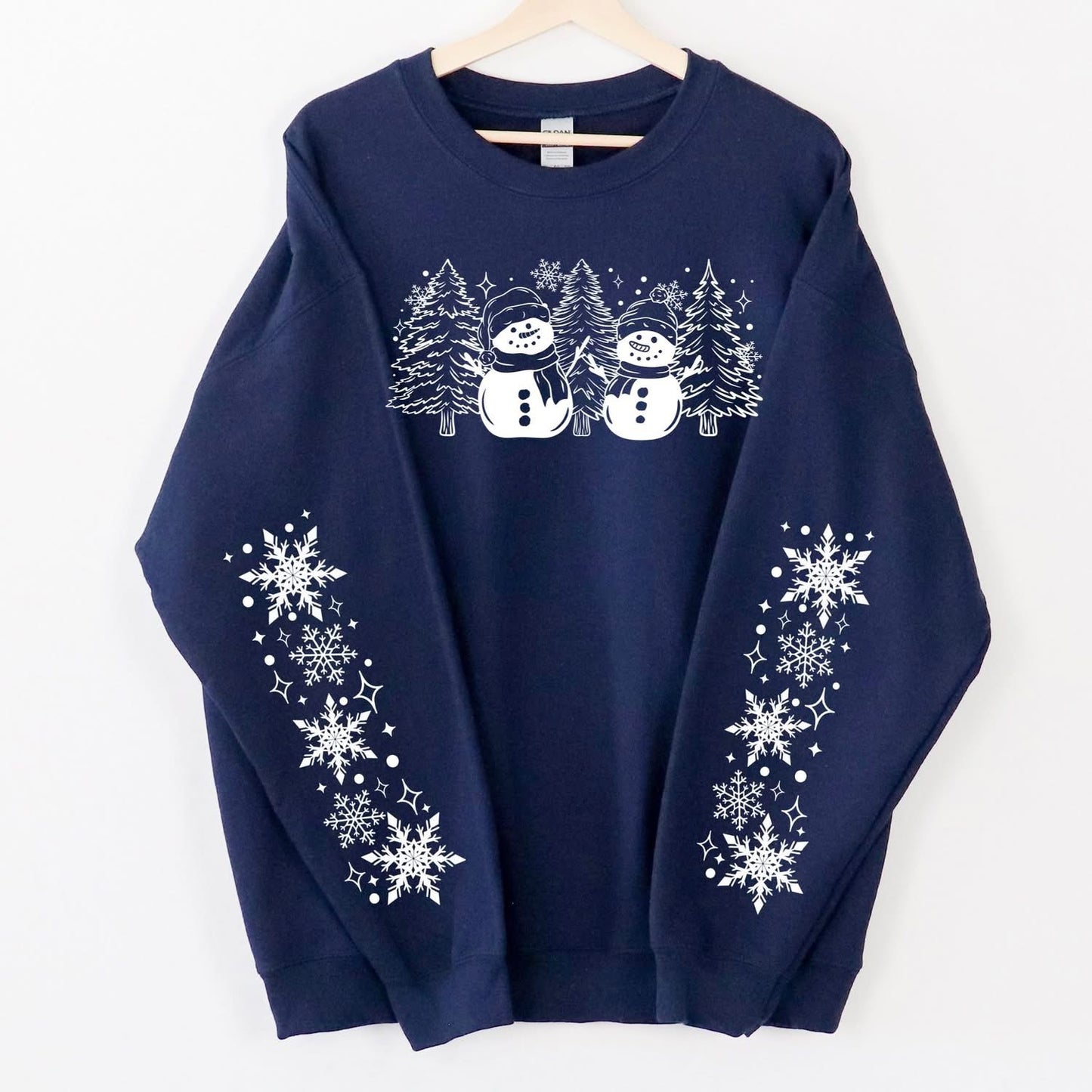Snowman and trees sweatshirt with sleeve designs