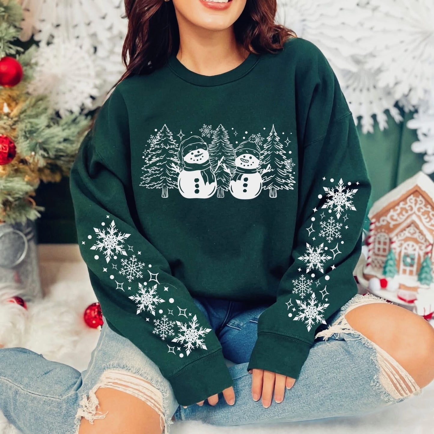 Snowman and trees sweatshirt with sleeve designs