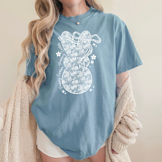 Faux Lace Happy Easter Bunny with Bow tee