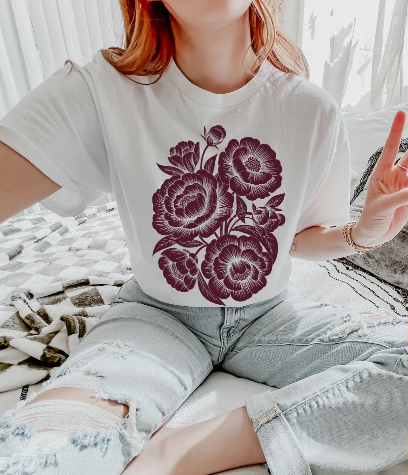 Maroon Peonies tee
