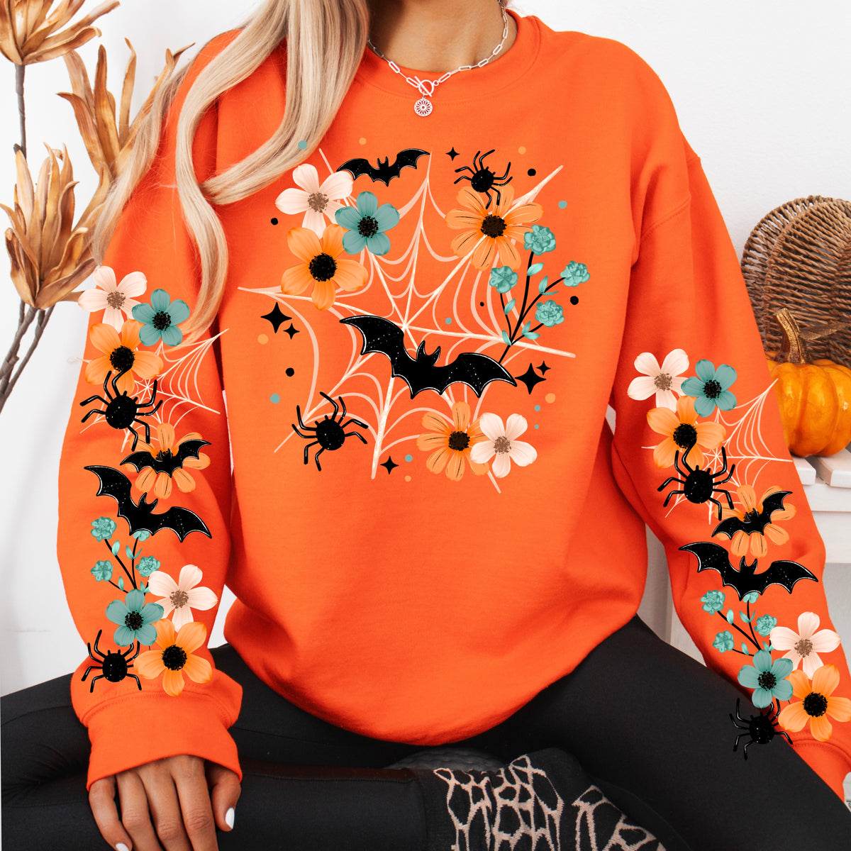 Bats & Spiderweb Florals sweatshirt with sleeve designs