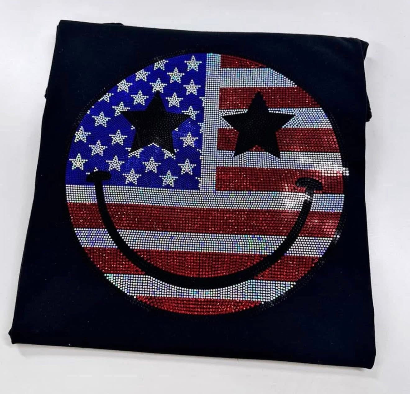 American Flag Smiley face Spangle tee