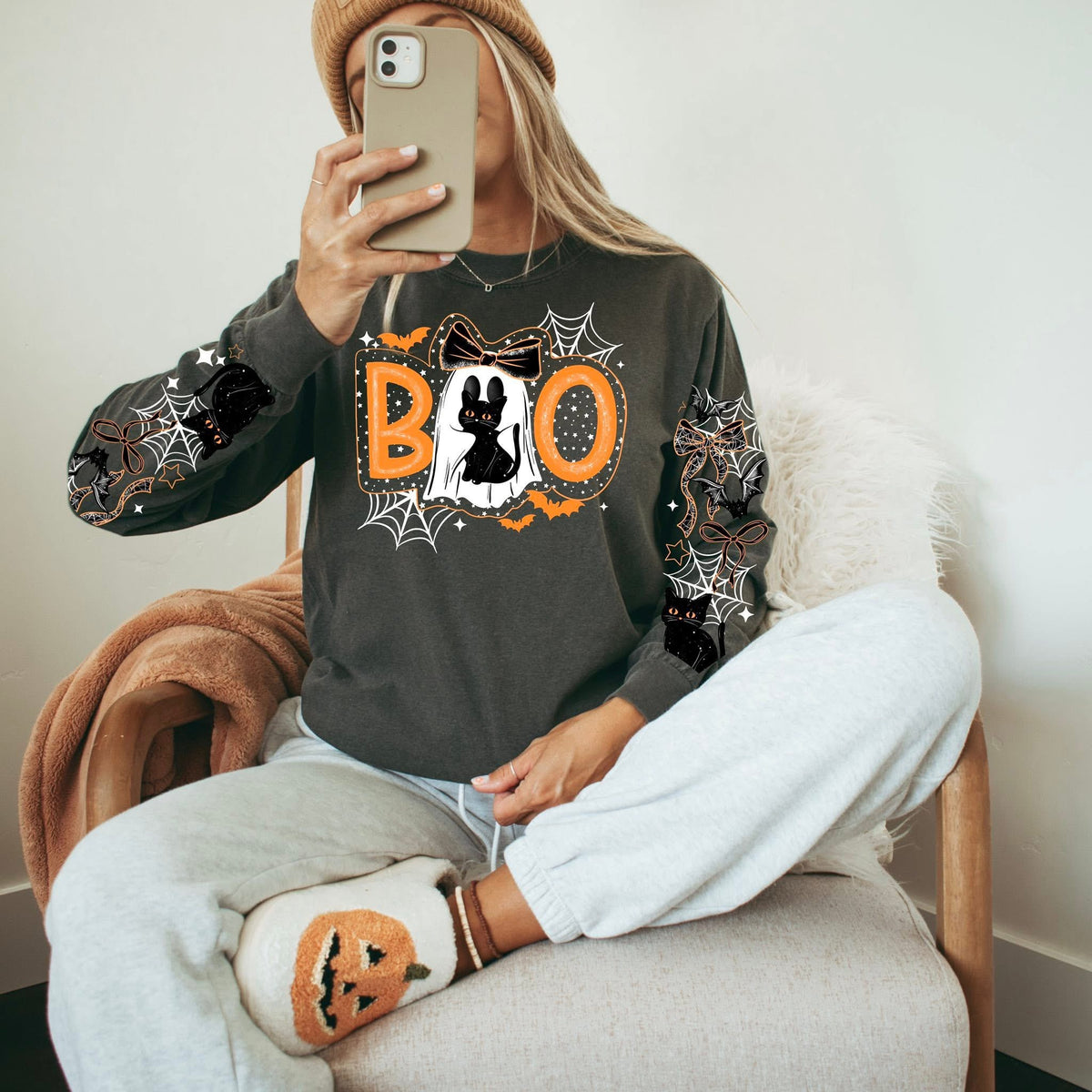 Black Cat Boo sweatshirt with sleeve designs