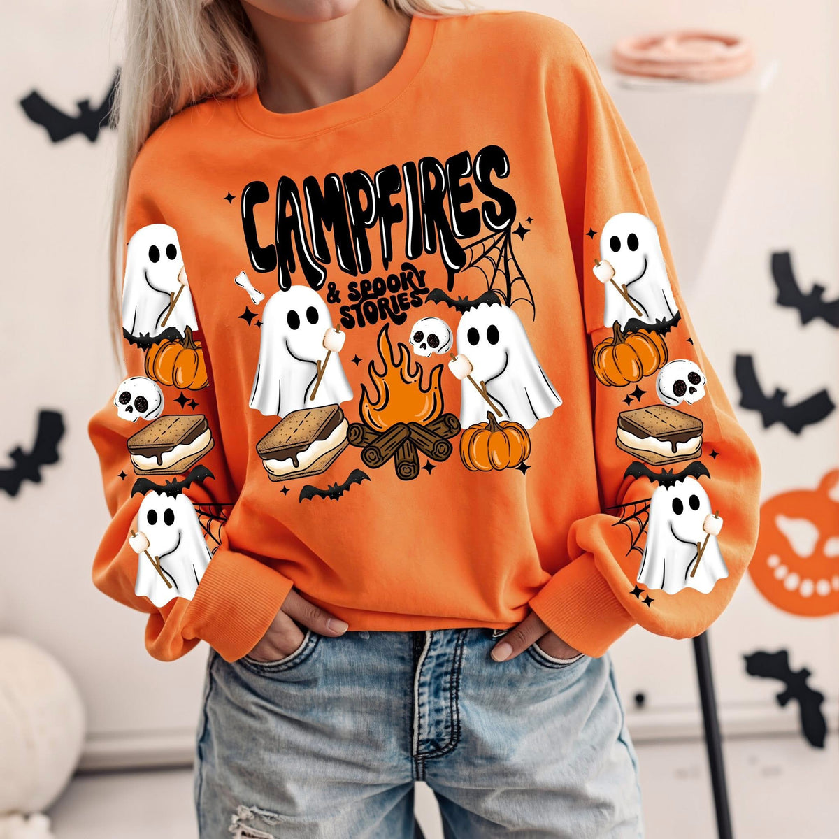 Campfires & Spooky Stories sweatshirt with sleeve designs (Black Ink)