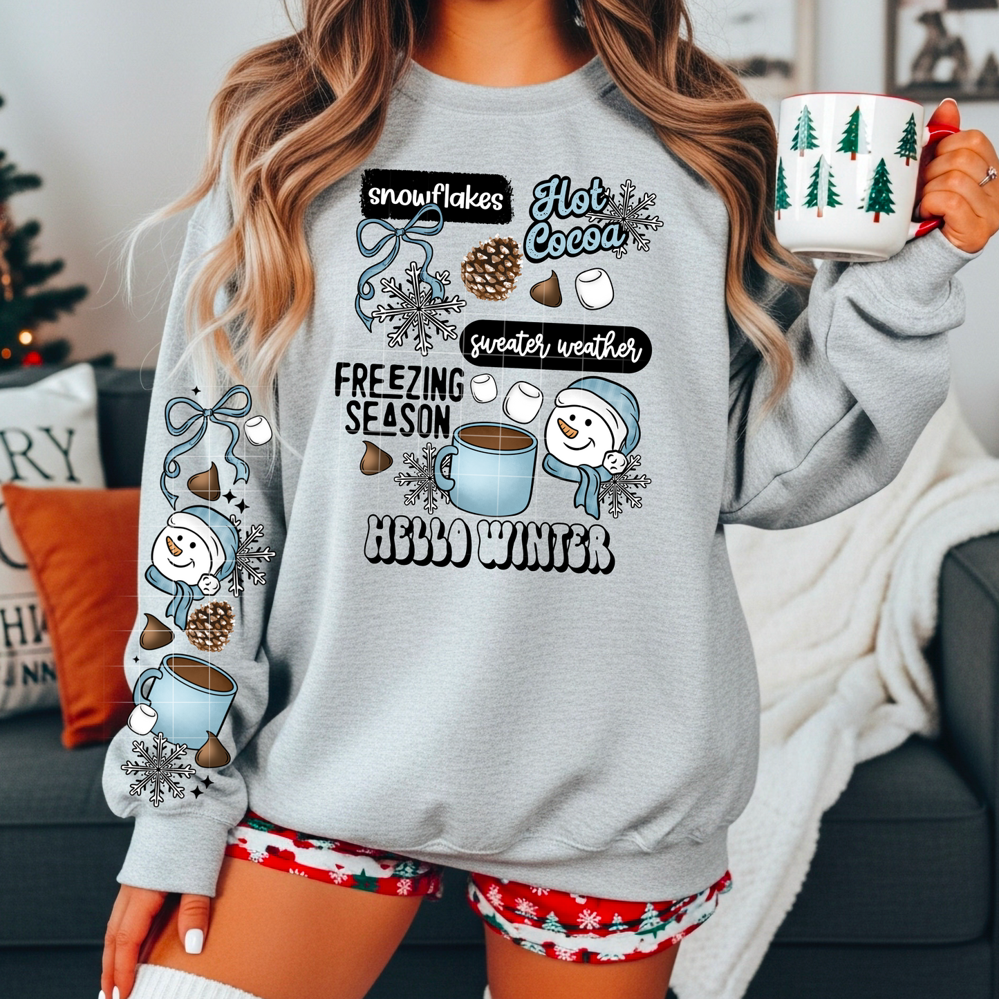 Hello Winter sweatshirt with sleeve designs
