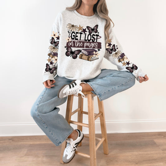 Get Lost in the Pages sweatshirt with sleeve designs