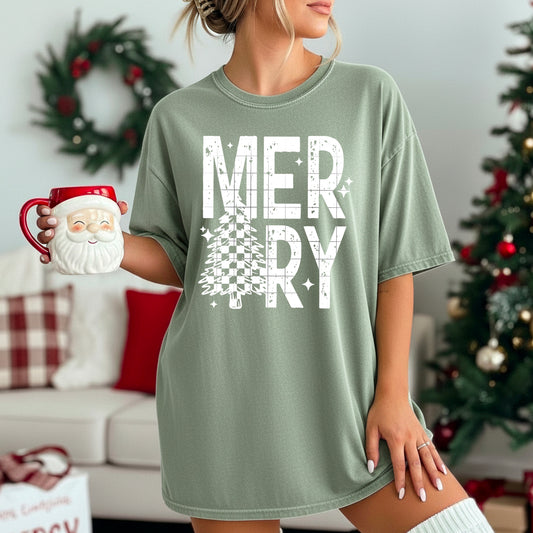 Merry checker tree tee (White Ink)