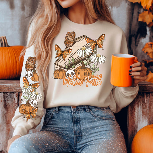 Hello Fall Coffin & Butterflies sweatshirt with sleeve design