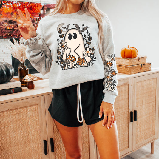 Fall Cottagecore Ghost sweatshirt with sleeve design