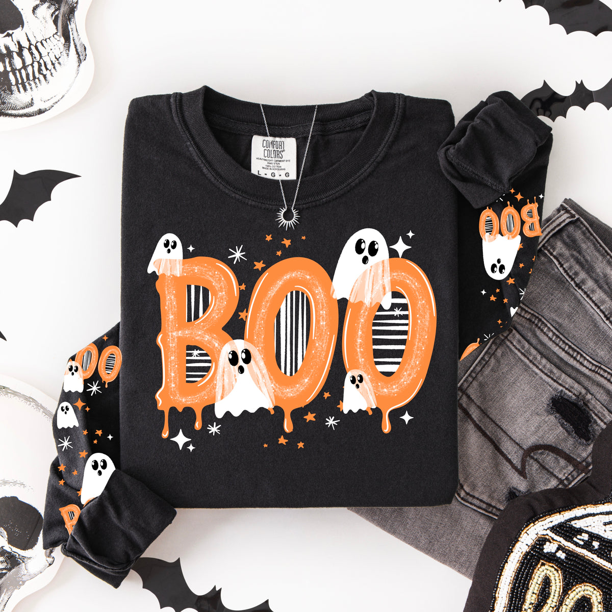 Translucent Boo Ghosts sweatshirt with sleeve designs