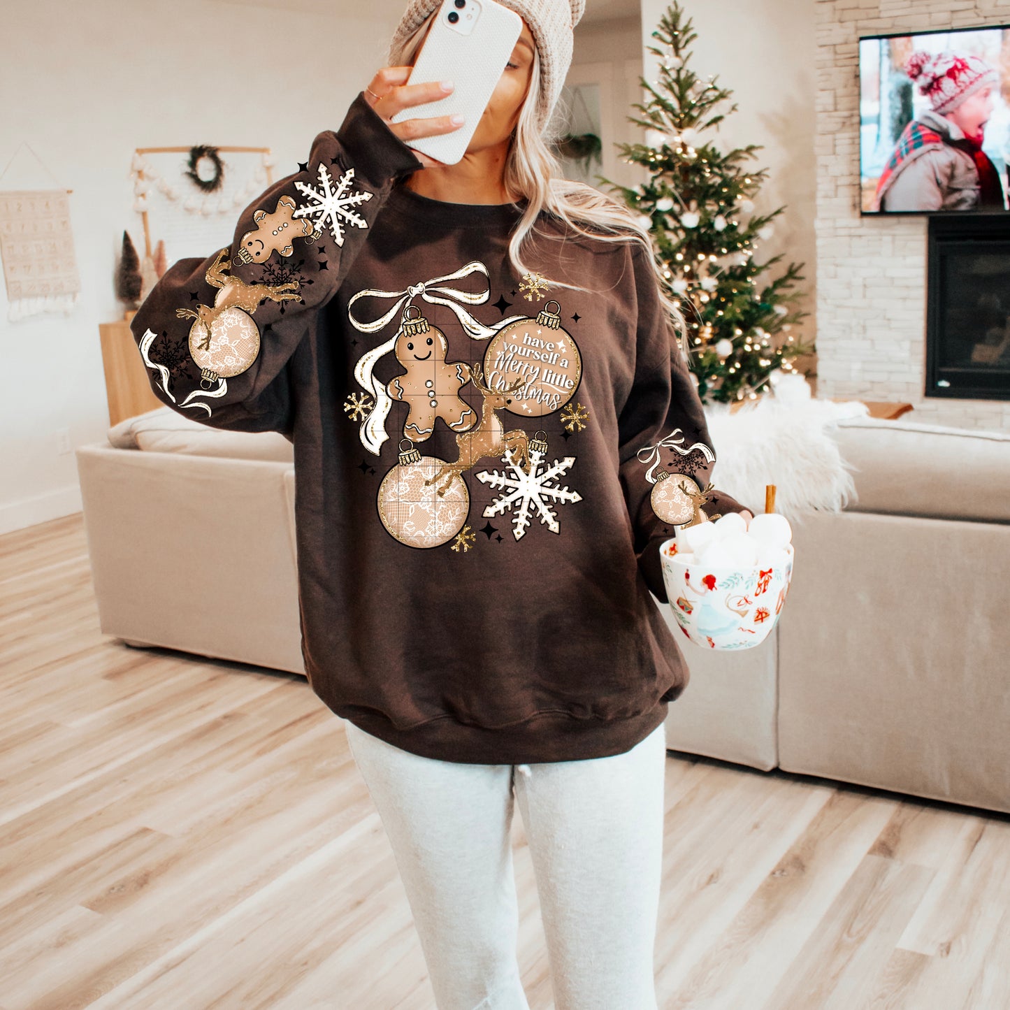 Ornaments & Bow sweatshirt with sleeve designs