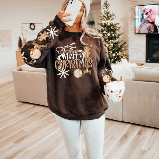 Merry Christmas tan sweatshirt with sleeve designs