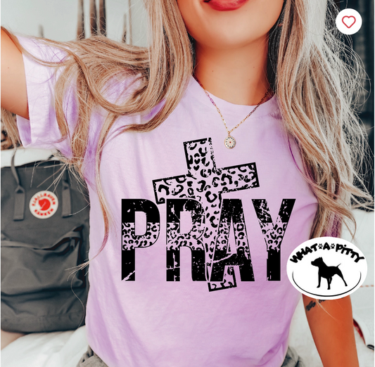 PRAY with cheetah print cross tee