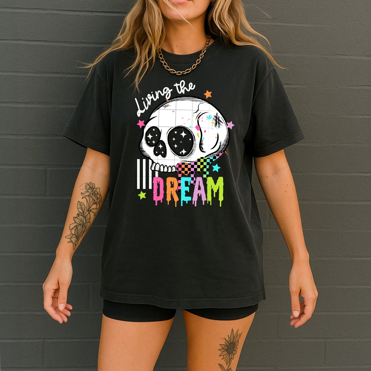 Living the Dream skull tee (white ink)