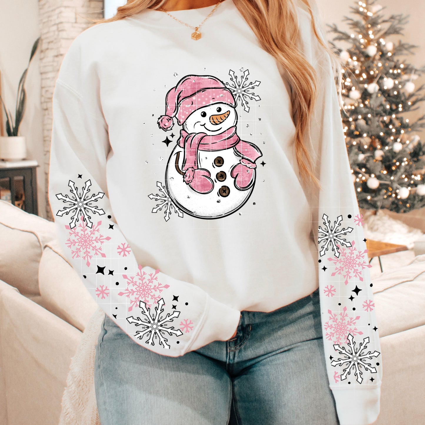 Pink Snowman sweatshirt with sleeve designs
