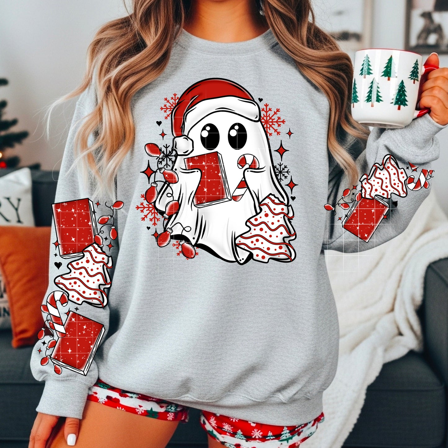 Merry Book Ghost sweatshirt with sleeve designs