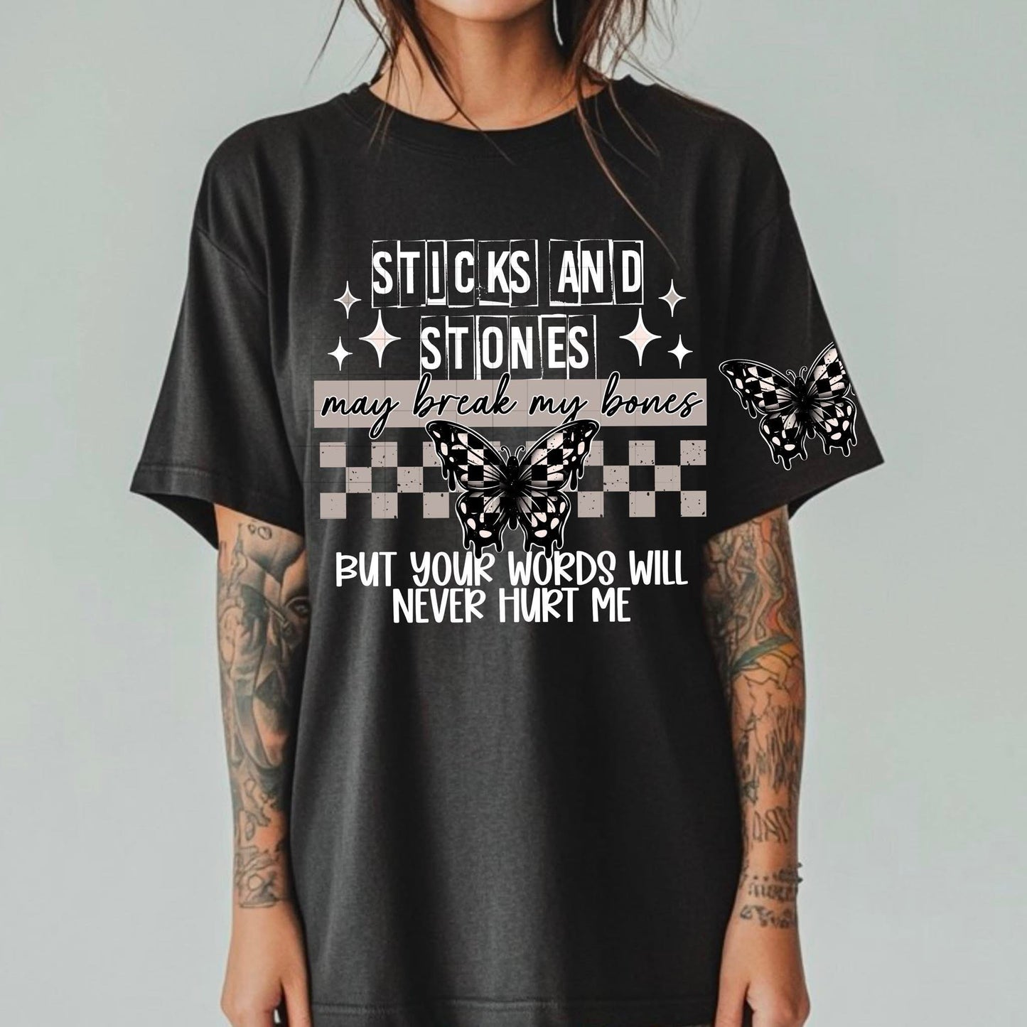 Sticks and Stones tee (White Ink)