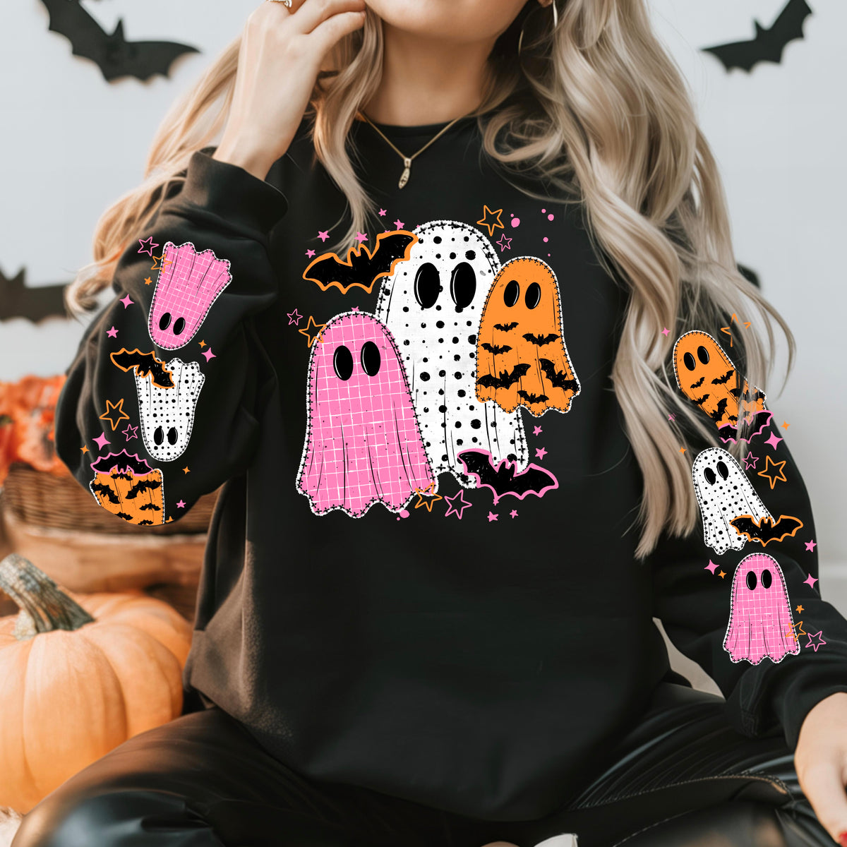 Pink & Orange Ghosties sweatshirt with sleeve designs