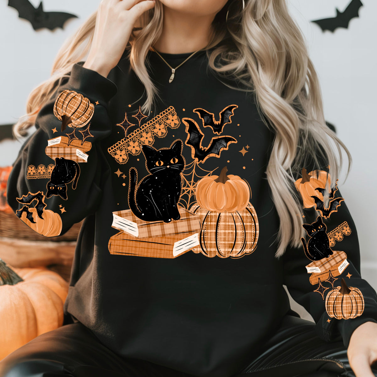 Fall Black Cat sweatshirt with sleeve designs