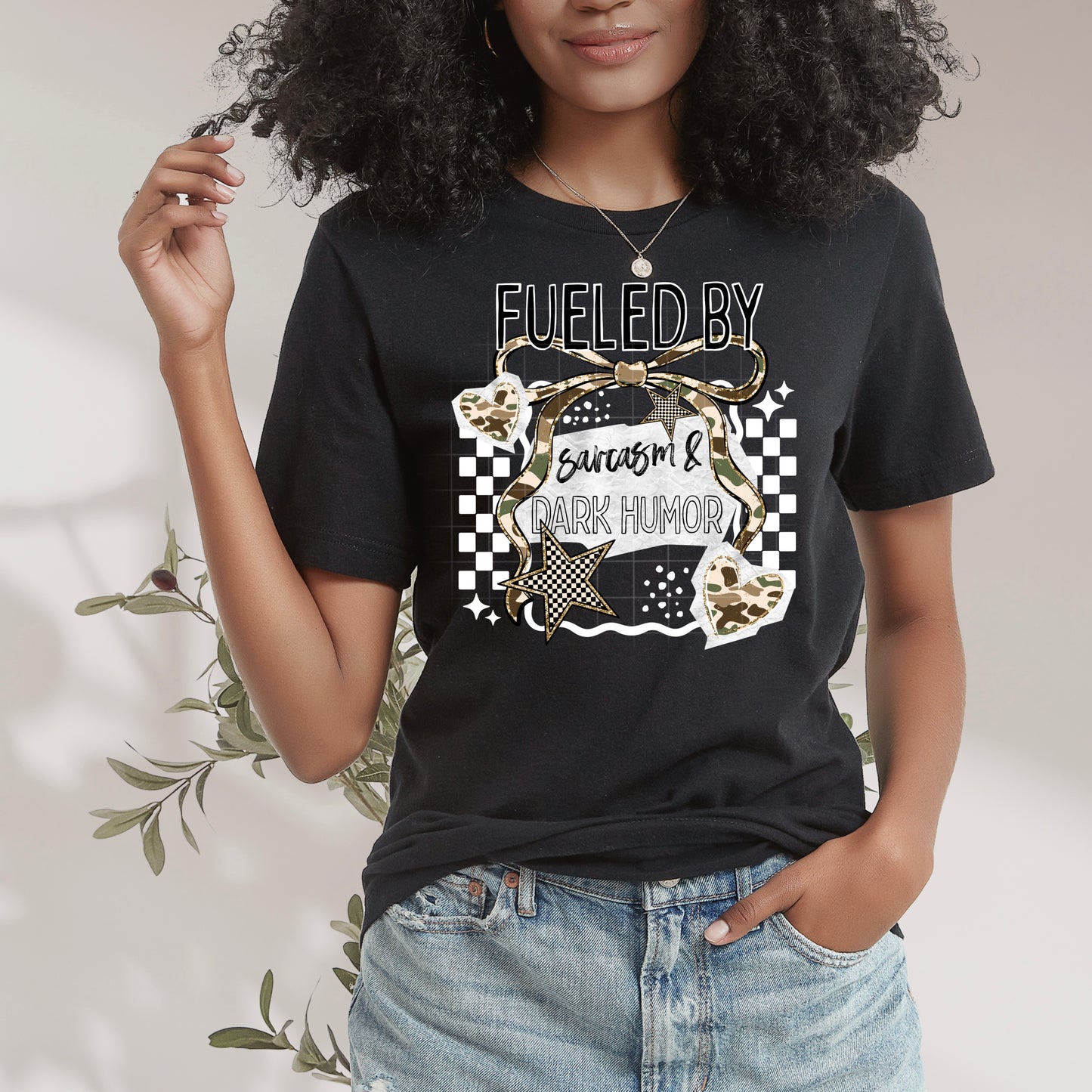 Fueled by sarcasm & dark humor tee (White Ink)