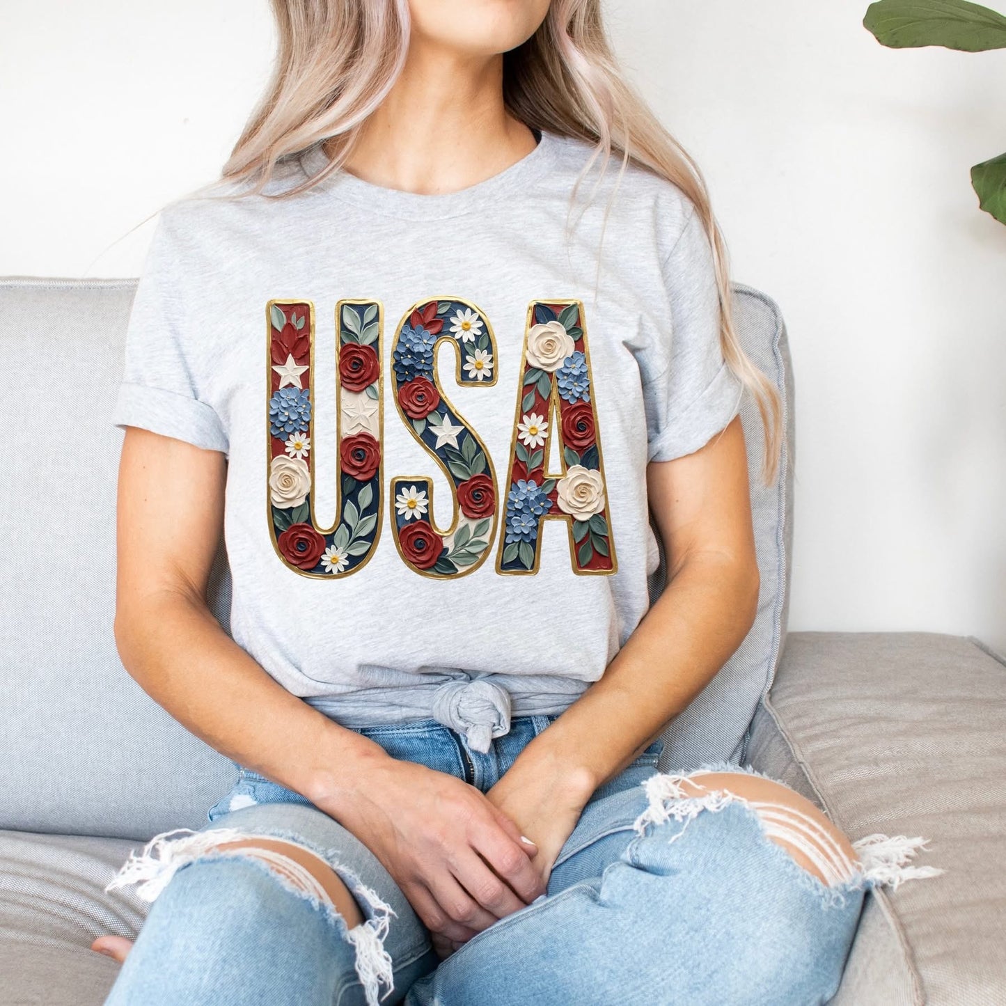 Hand painted Floral USA tee