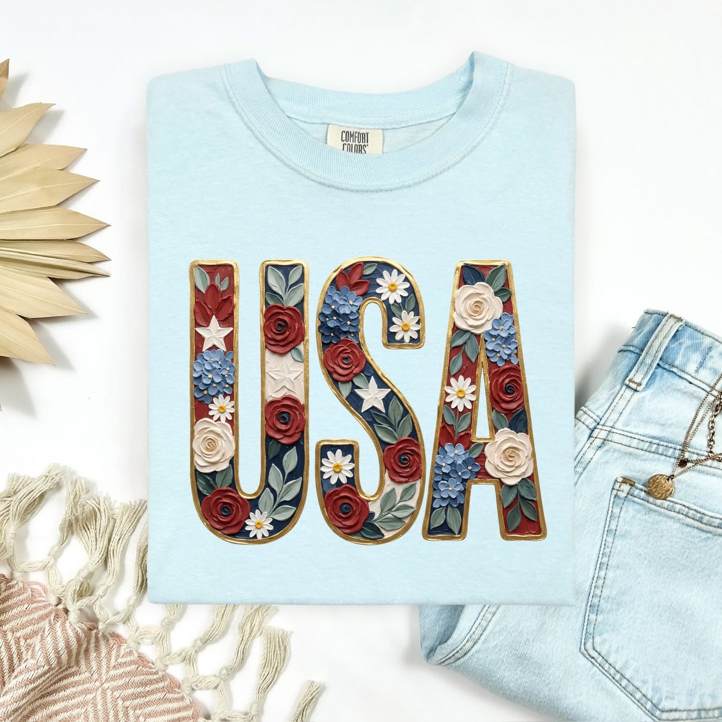 Hand painted Floral USA tee