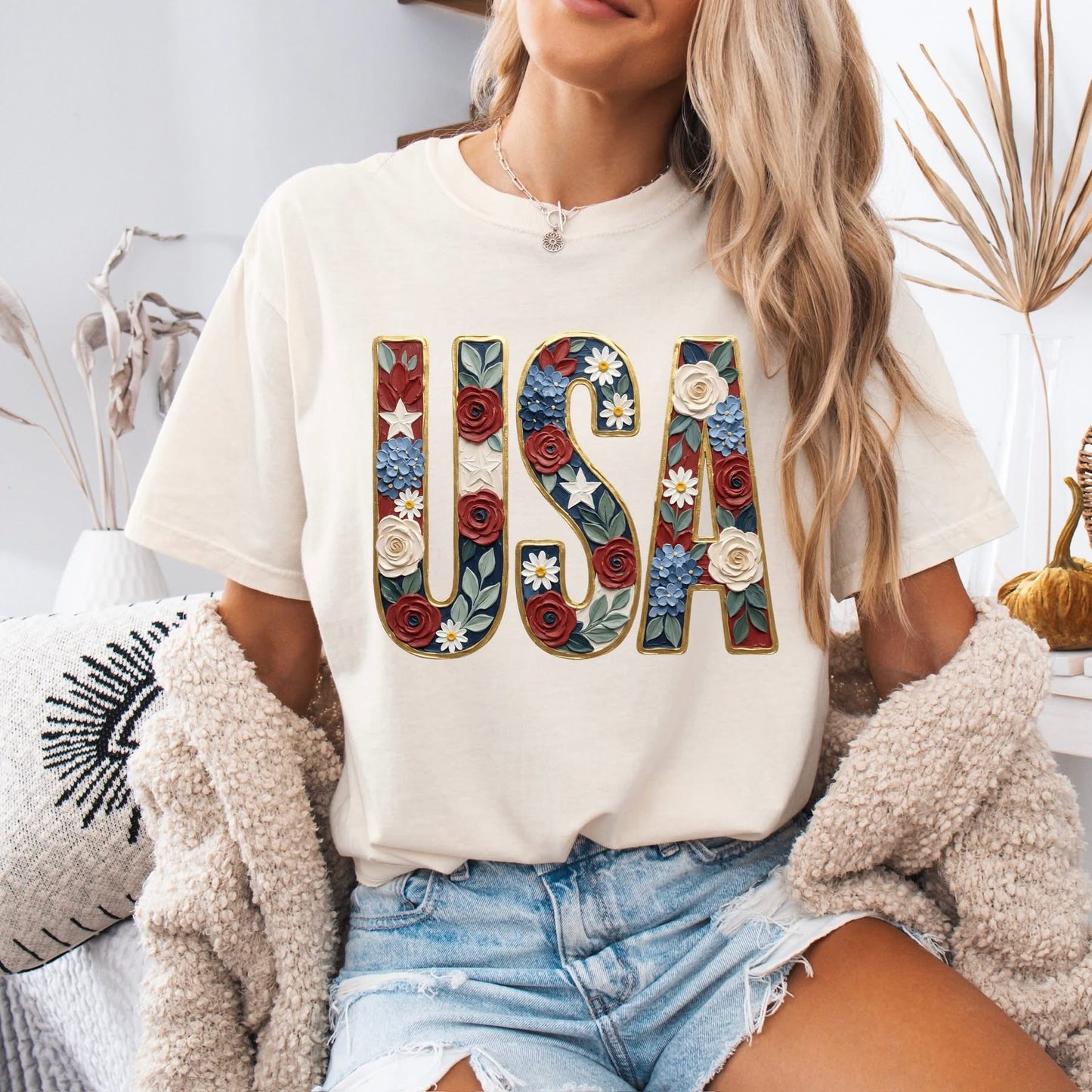 Hand painted Floral USA tee