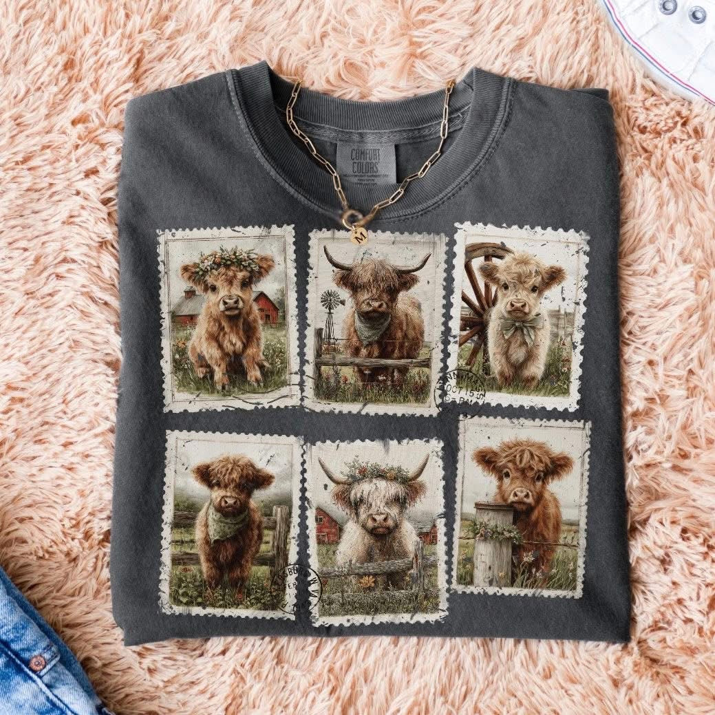 Highland Cow stamps tee