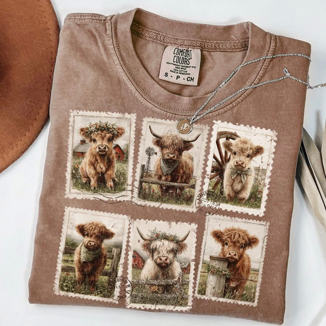 Highland Cow stamps tee