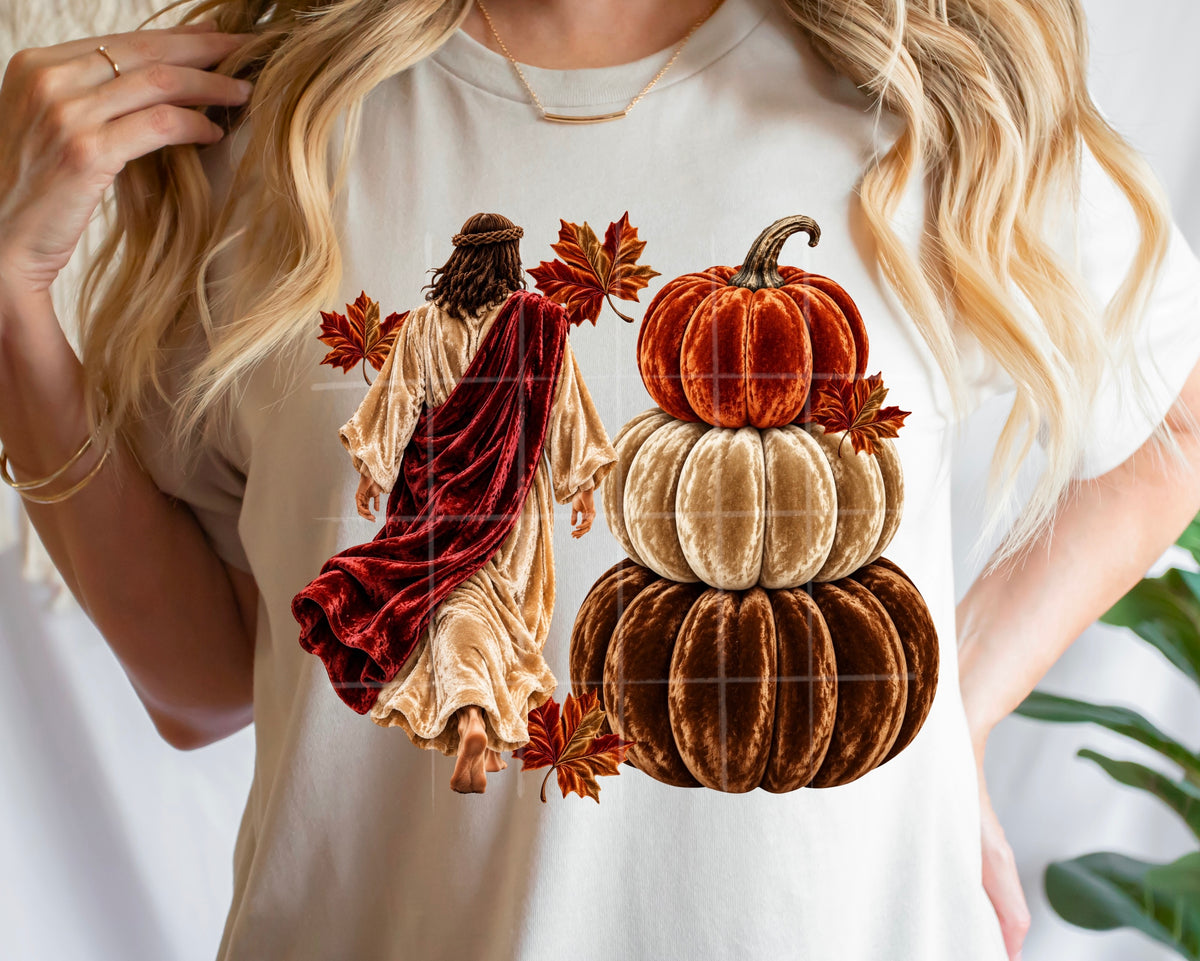 Velvet Jesus with Pumpkin Stack tee