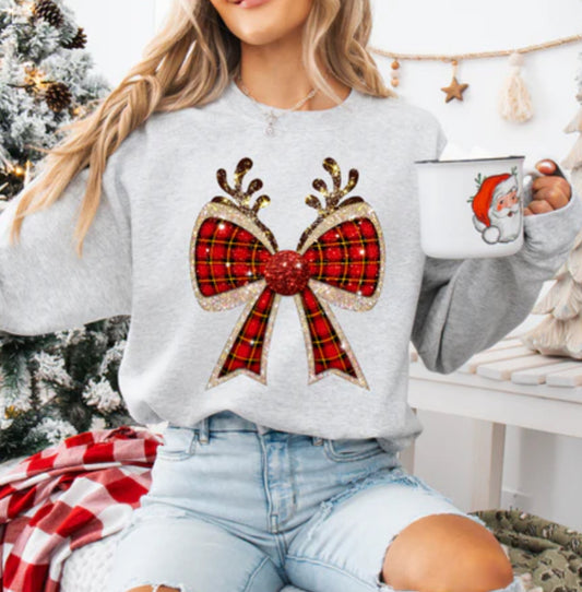 Plaid Reindeer Bow Sweatshirt