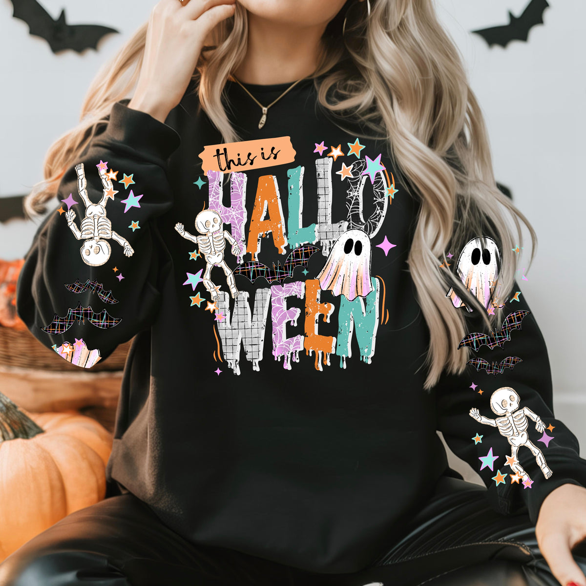 This is Halloween sweatshirt with sleeve designs