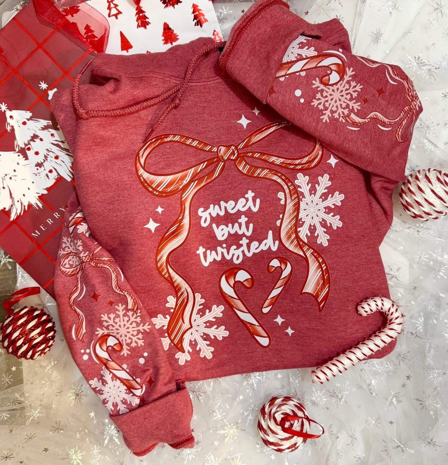 Sweet but Twisted Candy Cane sweatshirt with sleeve designs