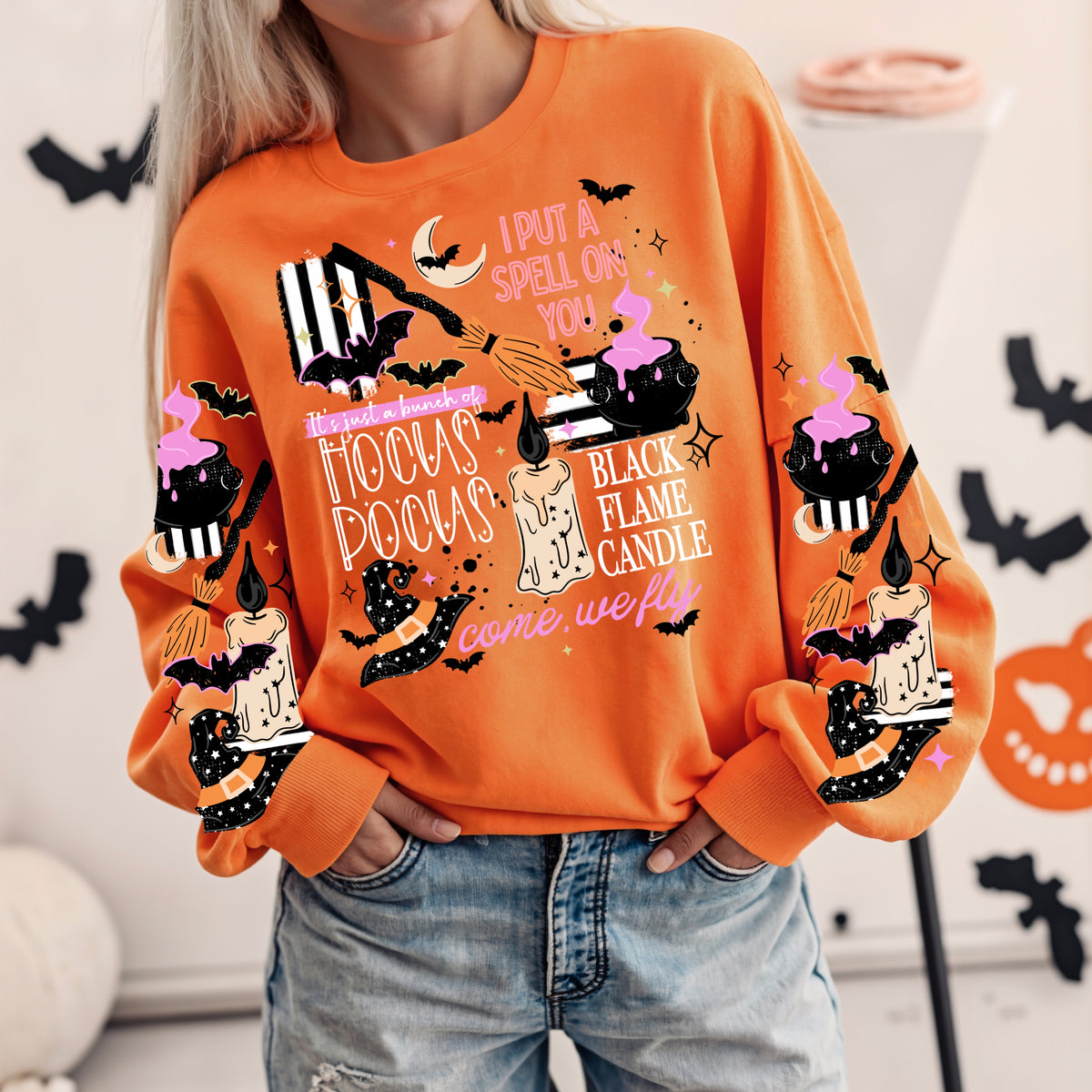 Black Flame Candle sweatshirt with sleeve designs